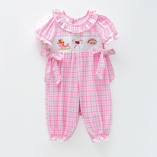 Baby Girls Christmas Pink Plaid Santa Smock Embroidery Romper
