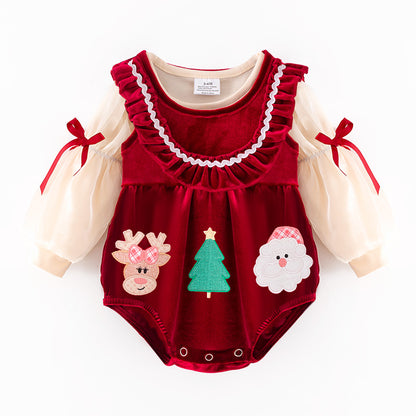 Christmas Velvet Dress & Romper Set with Embroidery – Reindeer, Tree & Santa