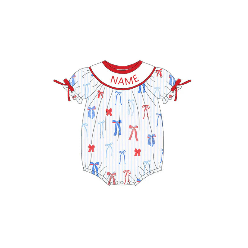 Girls July 4th Red Blue Bow Smocked Custom Name Dress And Romper