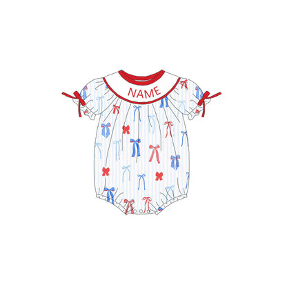 Girls July 4th Red Blue Bow Smocked Custom Name Dress And Romper