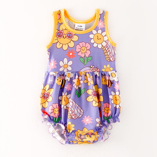 Baby Girls Summer Sunflower Purple Yellow Bubble Romper