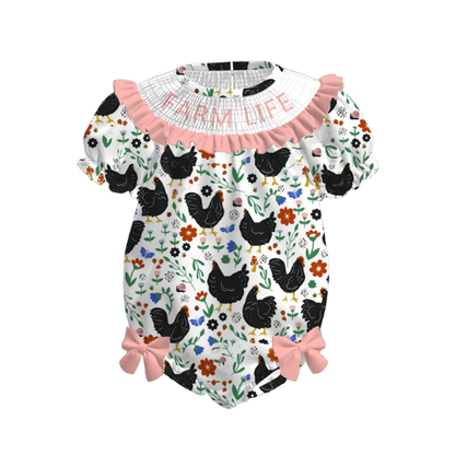 Girls Summer "FARM LIFE"Embroidered Smocked Dress Romper