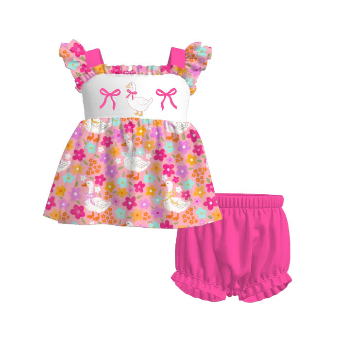 Girls Summer Pink Floral Silly Goose Embroidery Dress & Romper Set