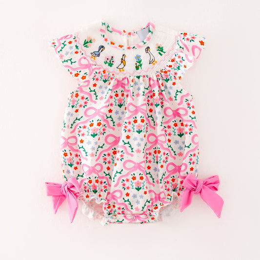 Girls Summer Pink Floral Silly Goose Smock Embroidery Romper