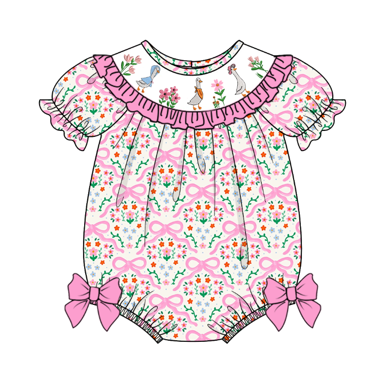 Girls Summer Pink Floral Silly Goose Smock Embroidery Romper