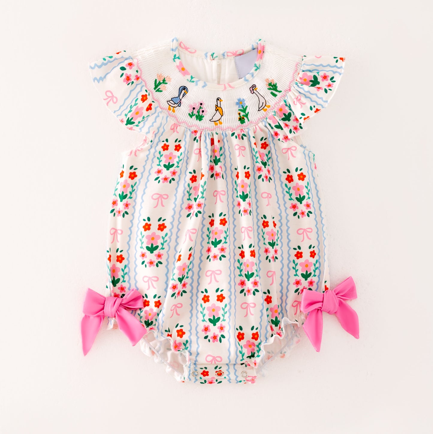Girls Summer Pink Floral Silly Goose Embroidery Smock Dress Romper