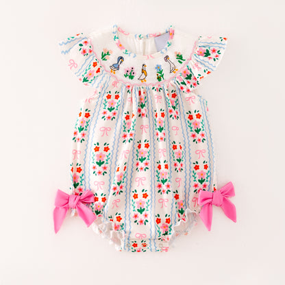 Girls Summer Pink Floral Silly Goose Embroidery Smock Dress Romper
