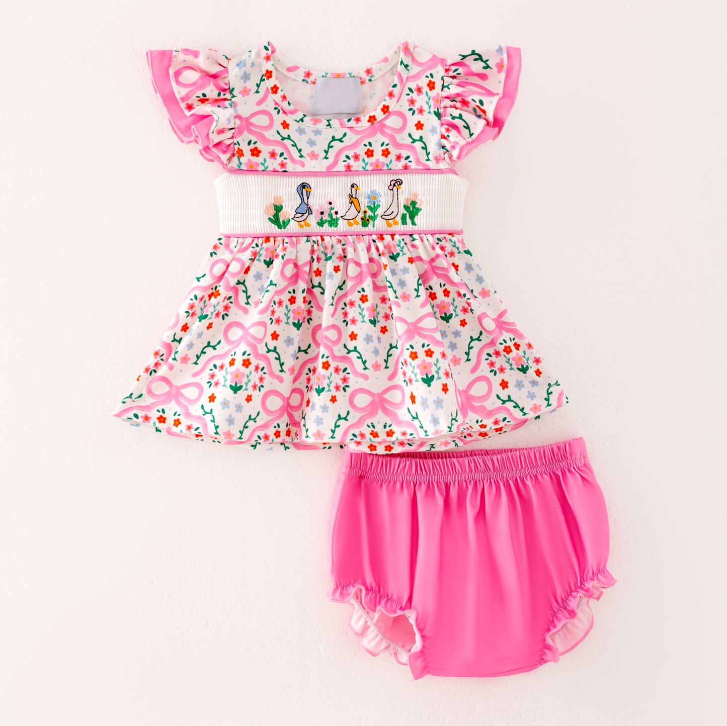 Girls Summer Pink Floral Silly Goose Embroidery Smock Clothes