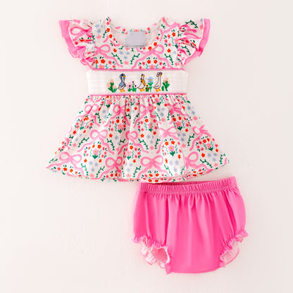Girls Summer Pink Floral Silly Goose Embroidery Smock Clothes