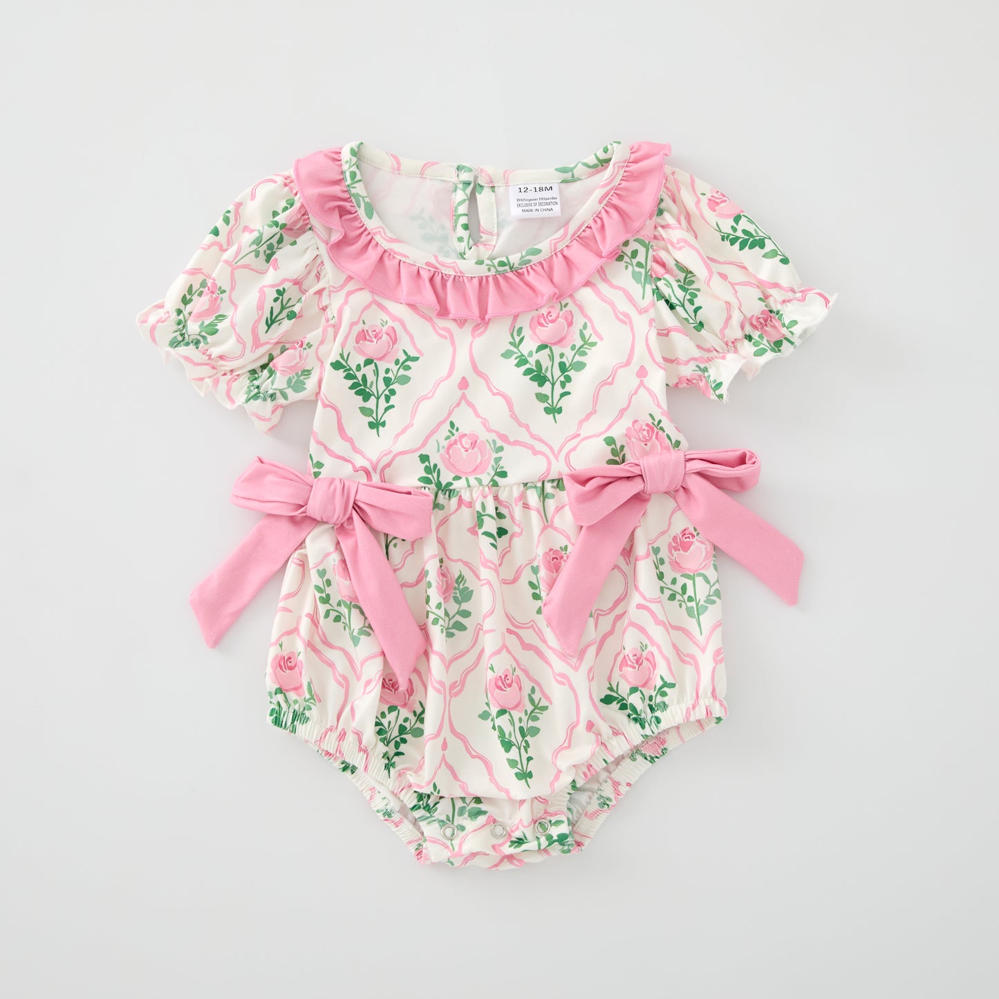 Baby Girls Pink Green Flower Bow Ruffled Bubble Romper