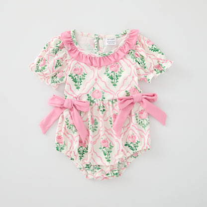 Baby Girls Pink Green Flower Bow Ruffled Bubble Romper