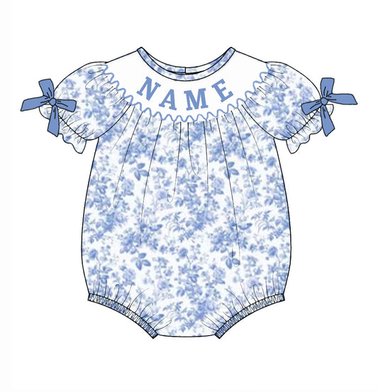 Baby Girls Summer Custom Name Blue Floral Smocked Romper