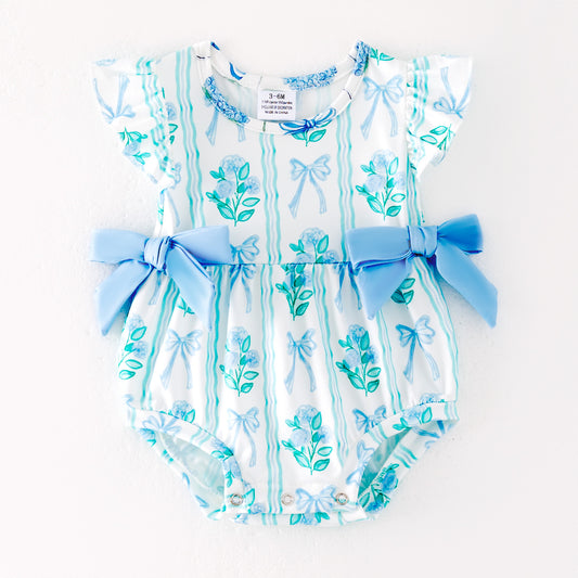 Baby Girls Blue Green Bow Flower Print Bubbles Romper