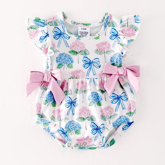 Baby Girls Pink Blue Bow Flower Print Bubbles Romper