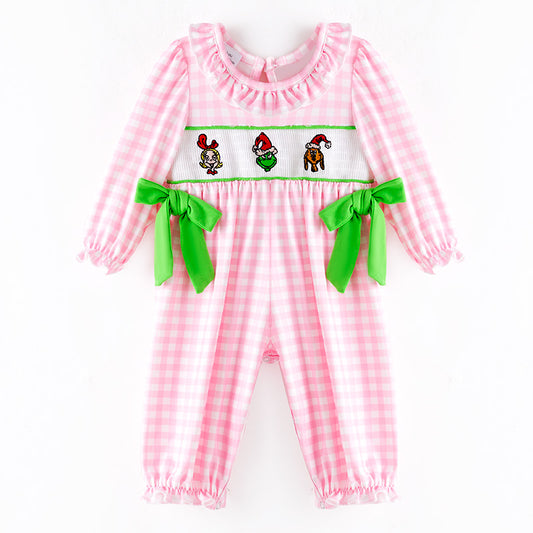 Baby Girls Christmas Pink Plaid Cartoon Embroidery Smock Romper
