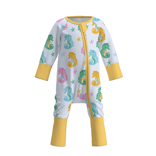 Baby Girls Yellow Seahorse Zipper Soft Pajama Romper