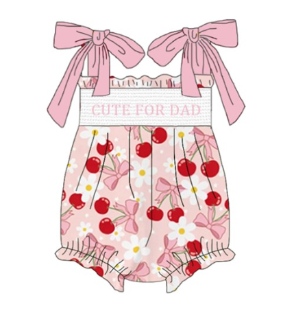 Girls Summer "CUTE FOR DAD" Smocked Embroidery Bubbles Romper