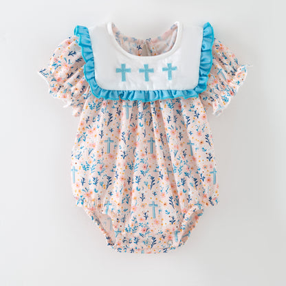 Girls Sister Fall Blue Floral Cross Embroibery Sibling Clothes