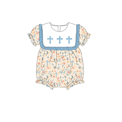 Girls Sister Fall Blue Floral Cross Embroibery Sibling Clothes