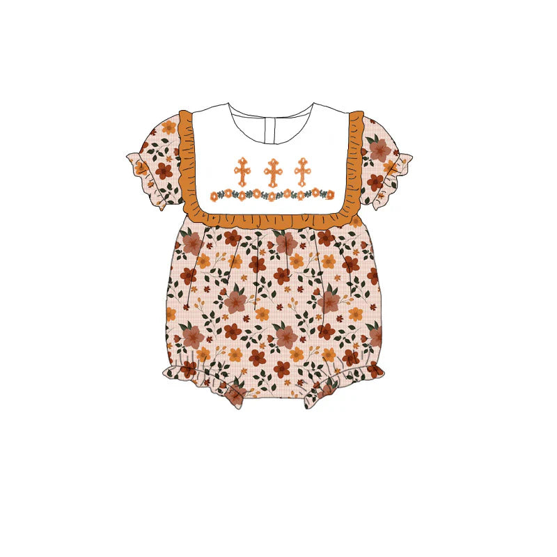 Girls Sister Fall Brown Floral Cross Embroibery Sibling Dress Romper