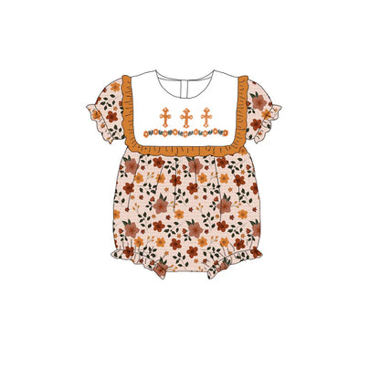 Girls Sister Fall Brown Floral Cross Embroibery Sibling Dress Romper