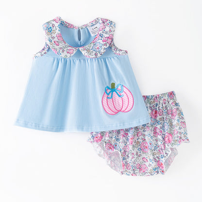 Fall Thanksgiving Girls Smocked Outfit Set – Pumpkin Embroidery Floral Sibling Collection