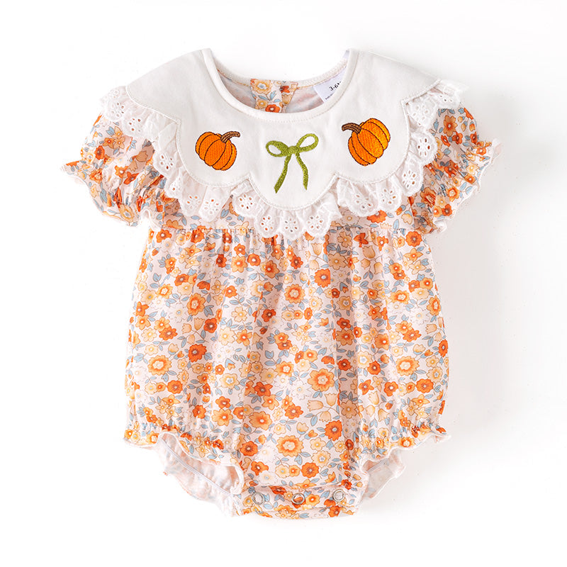 Thanksgiving Girls Smocked Outfit Set – Pumpkin Floral Embroidery Floral Sibling Collection