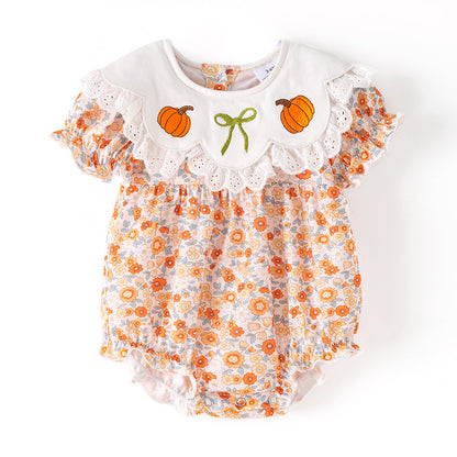 Thanksgiving Girls Smocked Outfit Set – Pumpkin Floral Embroidery Floral Sibling Collection