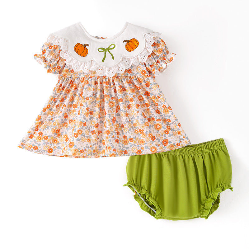 Thanksgiving Girls Smocked Outfit Set – Pumpkin Floral Embroidery Floral Sibling Collection