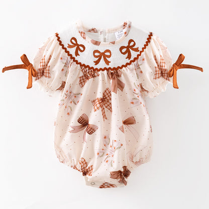 Baby Girls Fall Brown Bow Embroidery Smock Boutique Bubble