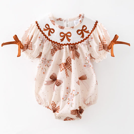 Baby Girls Fall Brown Bow Embroidery Smock Boutique Bubble
