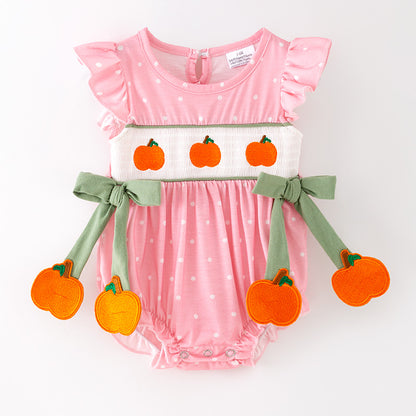 Baby Girls Halloween Fall Pumpkin Embroidery Smock Pink Bubbles