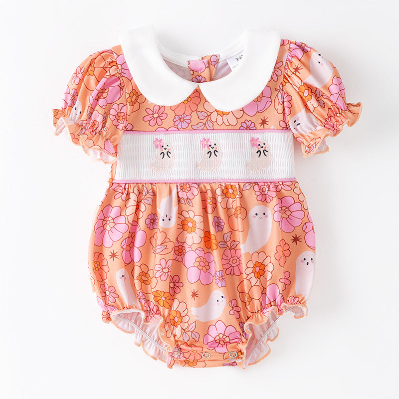 Smocked Ghost Embroidered Halloween Romper – Floral Print Babys Clothes