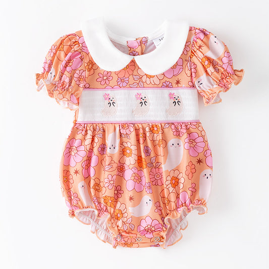 Smocked Ghost Embroidered Halloween Romper – Floral Print Babys Clothes
