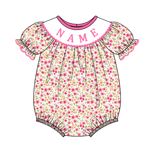 Girls Summer Pink Floral Custom Name Embroidery Romper