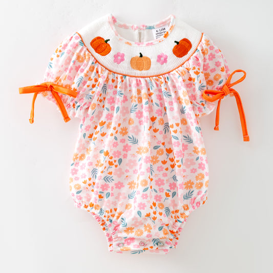 Sister Girls Halloween Floral Pumpkin Embroidery Dress Romper
