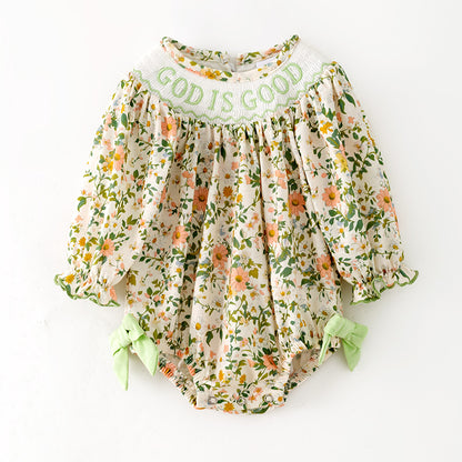 Baby Girls Fall "GOD IS GOOD" Smocked Embroidery Floral Romper