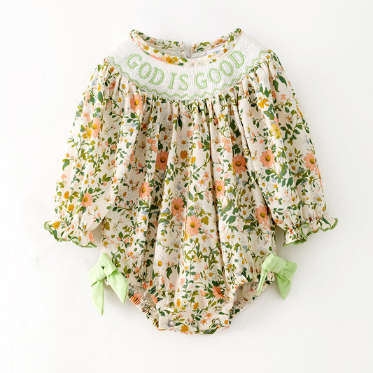 Baby Girls Fall "GOD IS GOOD" Smocked Embroidery Floral Romper