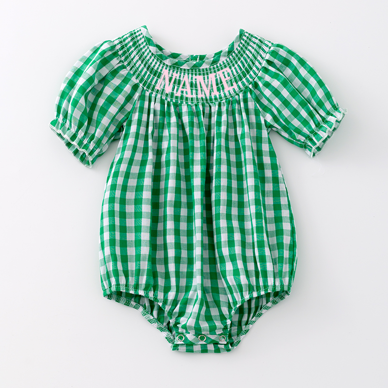 Girls Green Plaid Custom Name Embroidery Smock Bubbles