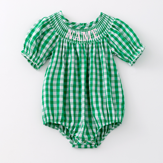 Girls Green Plaid Custom Name Embroidery Smock Bubbles