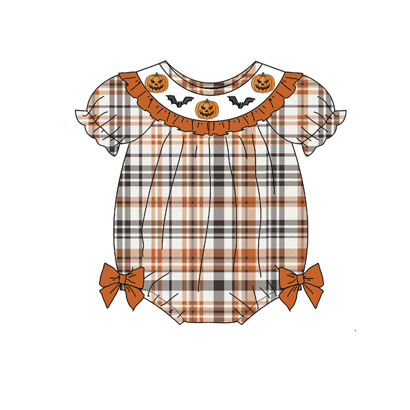 Kids Halloween Orange Plaid Collection-Pumukin Bat Smocked Embroidered