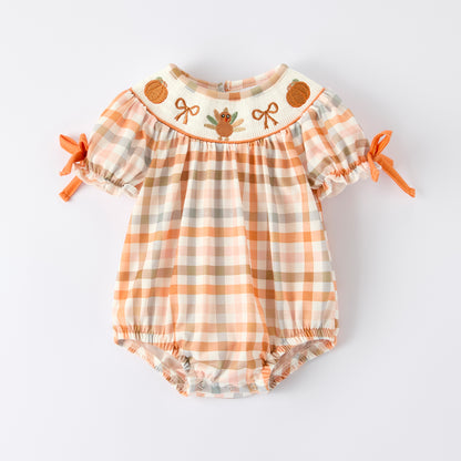 Thanksgiving Pumpkin Turkey Bow Embroidery Smock Fall Bubble Romper