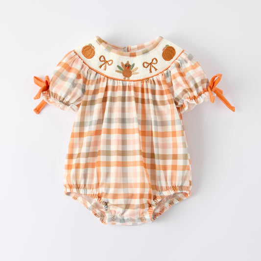 Thanksgiving Pumpkin Turkey Bow Embroidery Smock Fall Bubble Romper