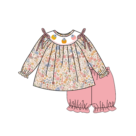 Girls Fall Halloween Pumpkin Embroidery Sibling Outfits
