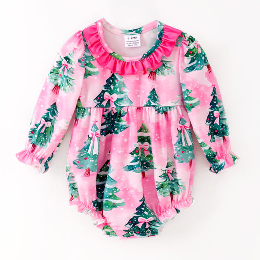 Baby Girls Christmas Pink Bow Christmas Tree Long Sleeves Romper