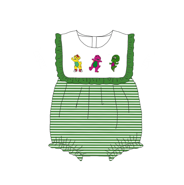 Kids Summer Cartoon Green Stripes Embroidery Sibling Clothes