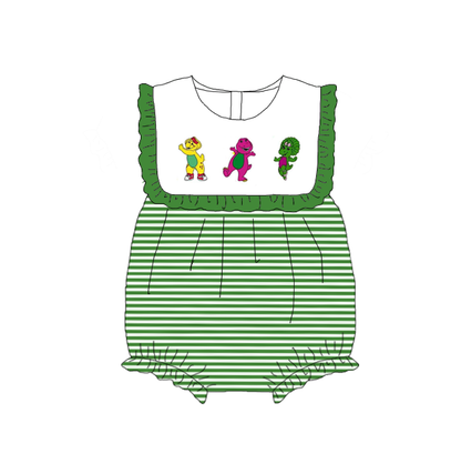 Kids Summer Cartoon Green Stripes Embroidery Sibling Clothes