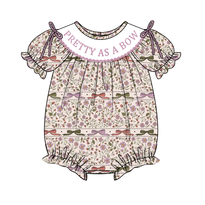 Girls Fall Autumn Embroidery Smocked Bow Floral Dress & Bubble