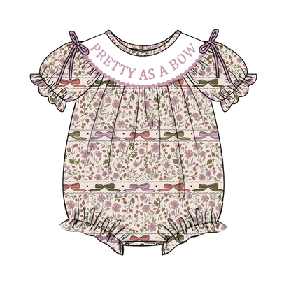 Girls Fall Autumn Embroidery Smocked Bow Floral Dress & Bubble