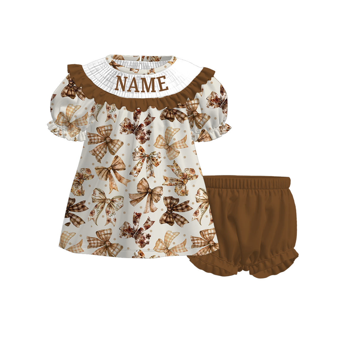 Kids Fall Custom Name Embroidery Brown Bow Plaid Sibling Clothes